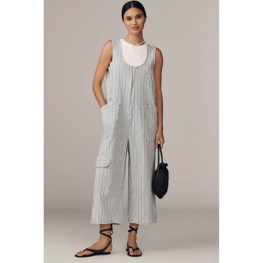Pilcro Anthropologie Zip-Up Utility Jumpsuit Blue White Sleeveless Wide Leg L